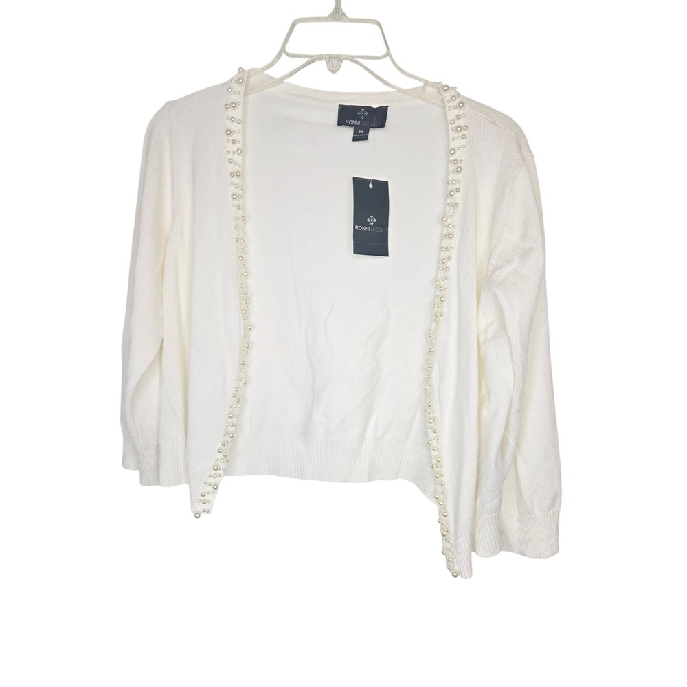 Ronni Nicole Ivory Pearl Trim Open Front Cardigan Shrug 3/4 Sleeve Medium